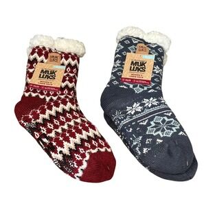 MUK LUKS Womens SZ S/M Grippy Sherpa Cozy Cabin Fairisle Tall Slipper Socks NEW